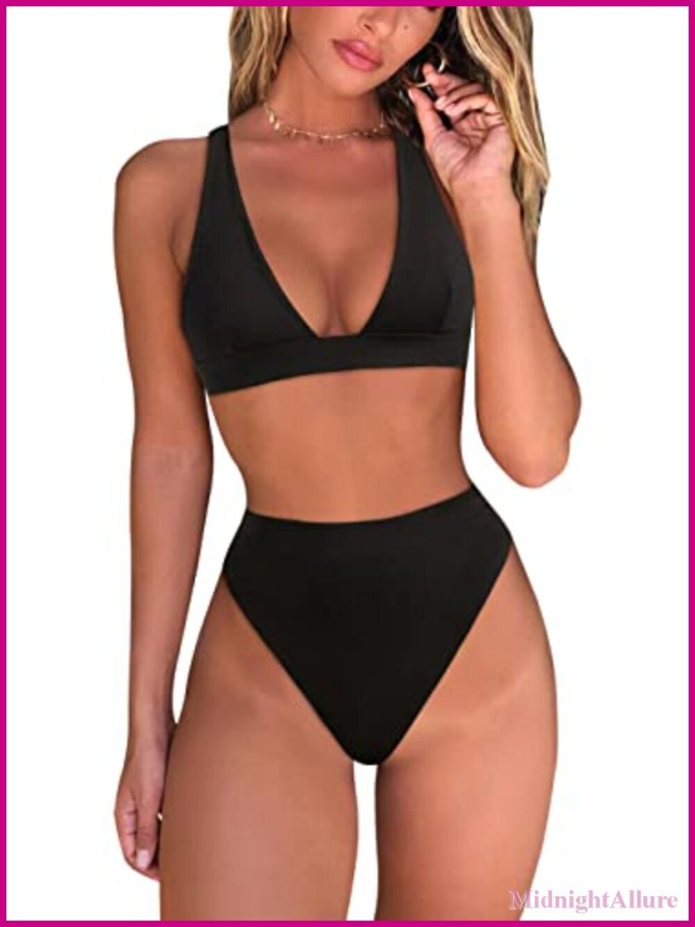 High Waisted Thong Bikini Set - Brazilian Triangle Top Deep V Neck Two Piece